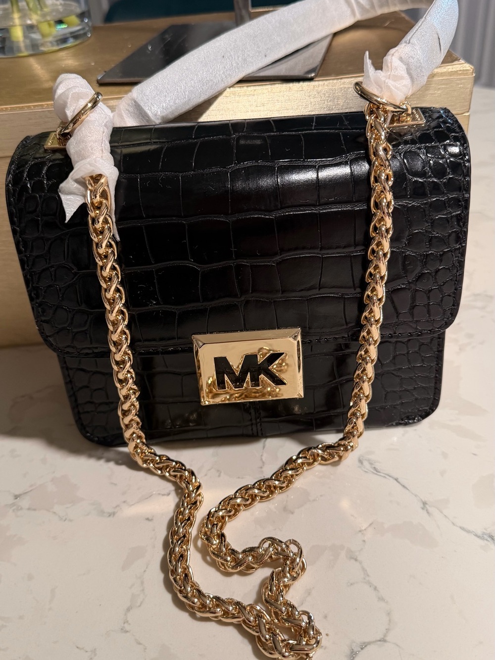 Michael Kors Black Croc-Embossed Leather Crossbody with Gold Chain
